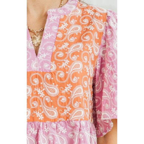 NWT Voy Paisley Colorblock Boho Cotton Tiered Dress~V-Neck/Puff Sleeves~SMALL - Picture 9 of 9